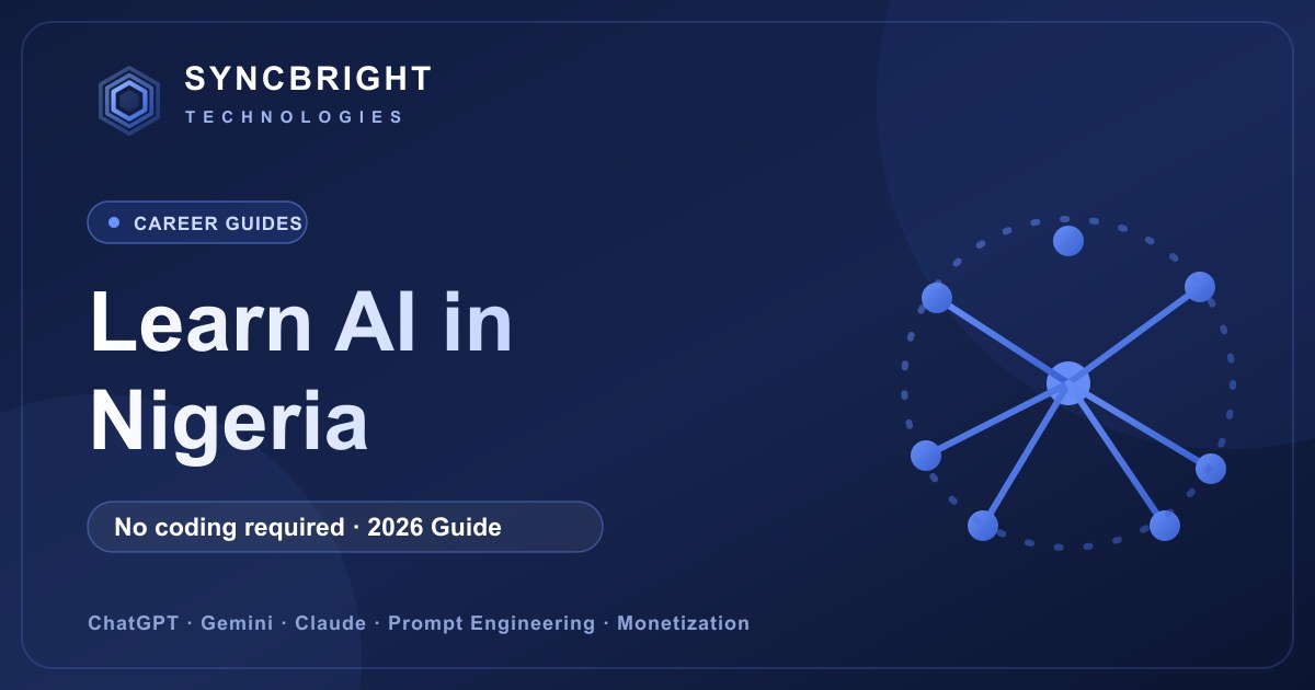 Neural network illustration on a navy Syncbright banner for learning AI in Nigeria